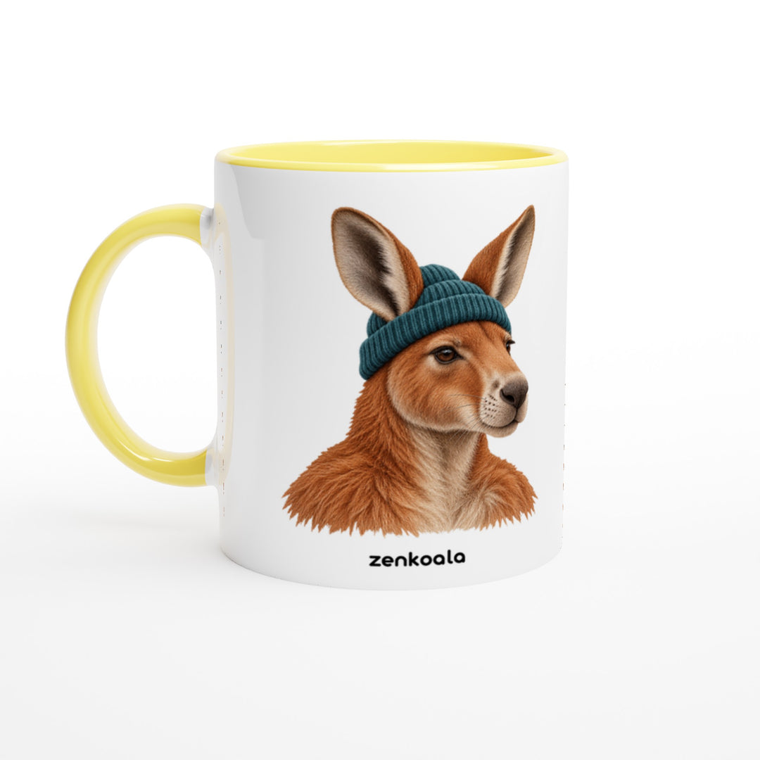Kangaroo Beanie mug in yellow: white with a yellow rim, inside and handle, Zen Koala Australia