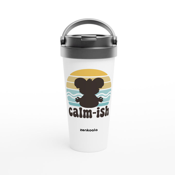Calm-ish Retro Sunset Koala feel-good travel mug: a meditating koala silhouette and a retro sunset, Zen Koala Australia