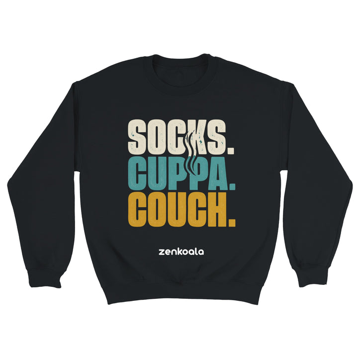 Socks Cuppa Couch feel-good sweatshirt in black — Zen Koala Australia