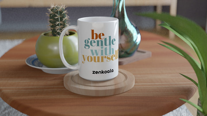 Be Gentle 15oz mug on a wooden table with a cactus, Zen Koala Australia