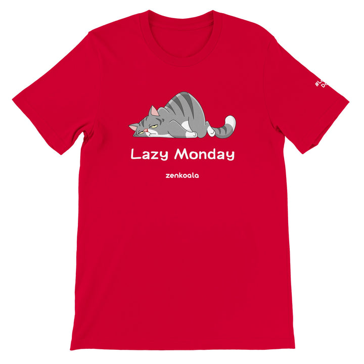 Lazy Monday feel-good tee in red: a grey tabby flopped flat out, Zen Koala Australia