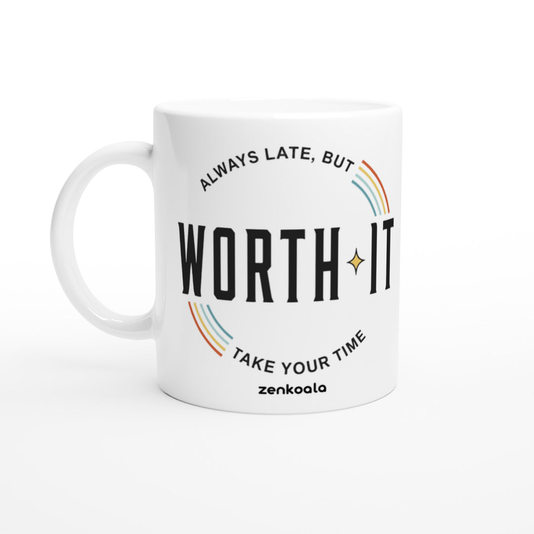 Always Late But Worth It feel-good mug: retro stripes and an honest promise, Zen Koala Australia