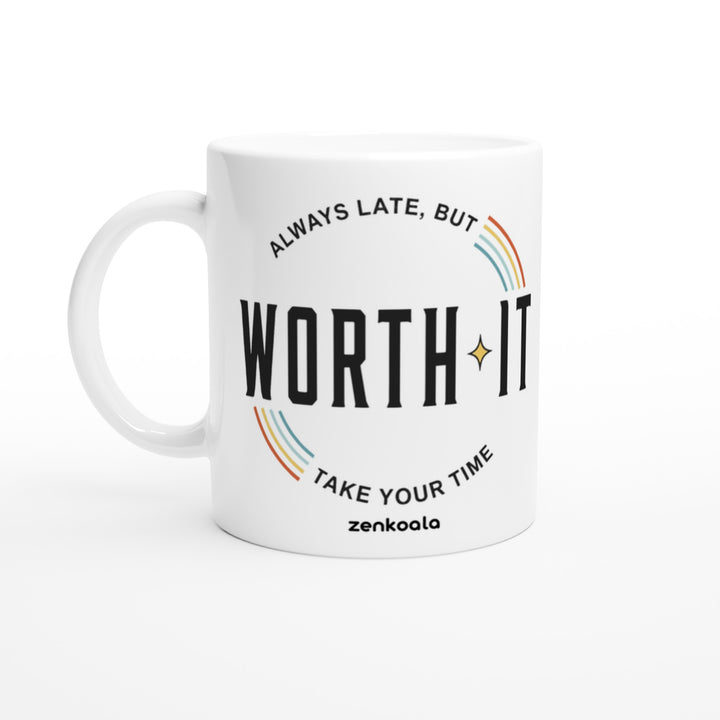 Always Late But Worth It feel-good mug: retro stripes and an honest promise, Zen Koala Australia