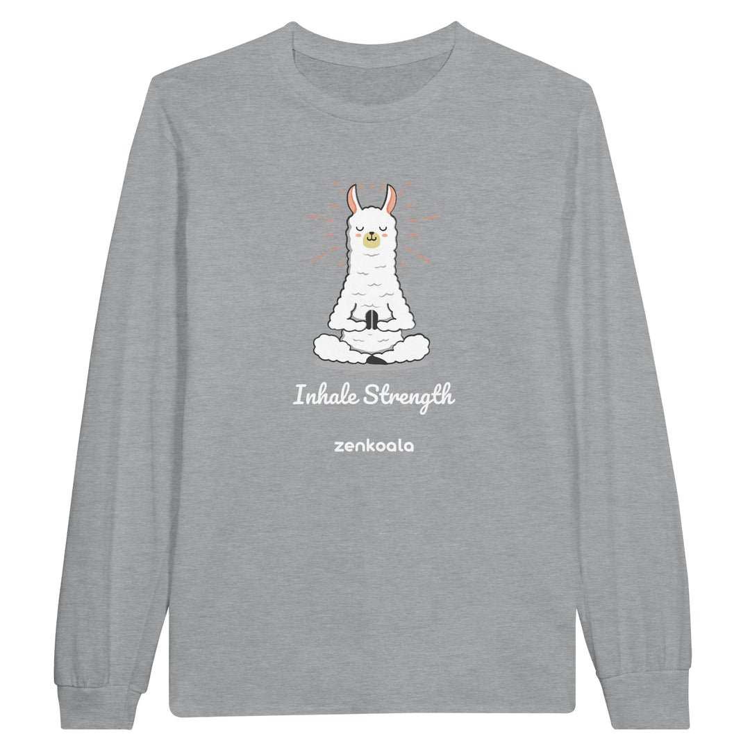 Breathe feel-good long sleeve tee in sports grey: a llama meditating mid-breath, Zen Koala Australia