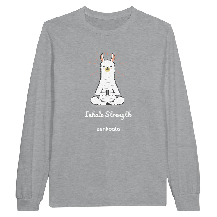 Breathe feel-good long sleeve tee in sports grey: a llama meditating mid-breath, Zen Koala Australia