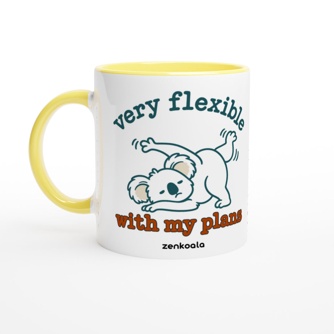 Very Flexible With My Plans mug in yellow: white with a yellow rim, inside and handle, Zen Koala Australia