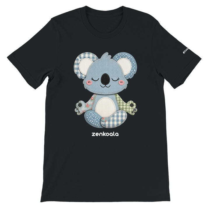 Faux Patchwork Meditating Koala feel-good tee in black — a cosy patchwork-look koala in gingham, polka dots and florals, Zen Koala Australia