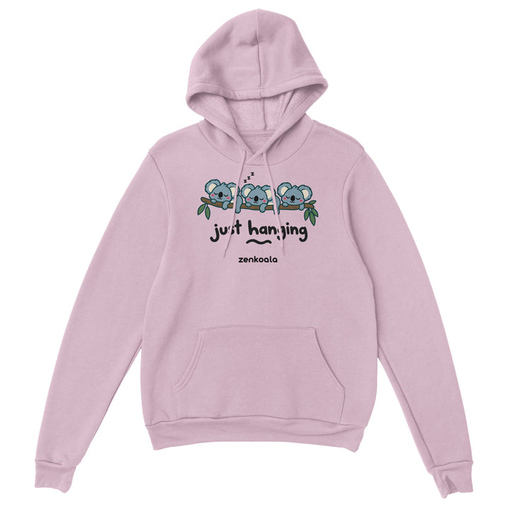 Just Hanging feel-good hoodie in light pink, Zen Koala Australia
