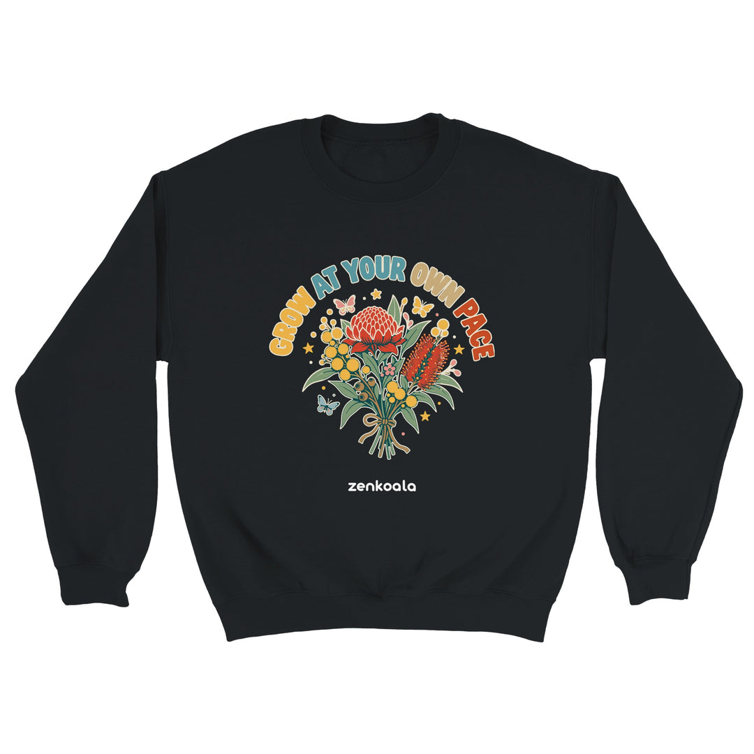 Grow at Your Own Pace feel-good sweatshirt in black, Zen Koala Australia