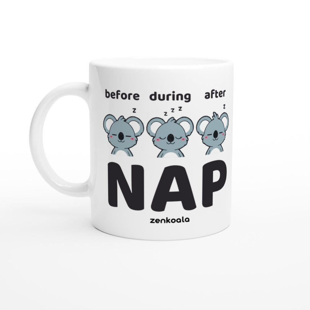 Before Nap Nap After Nap Koala mug in all white, Zen Koala Australia
