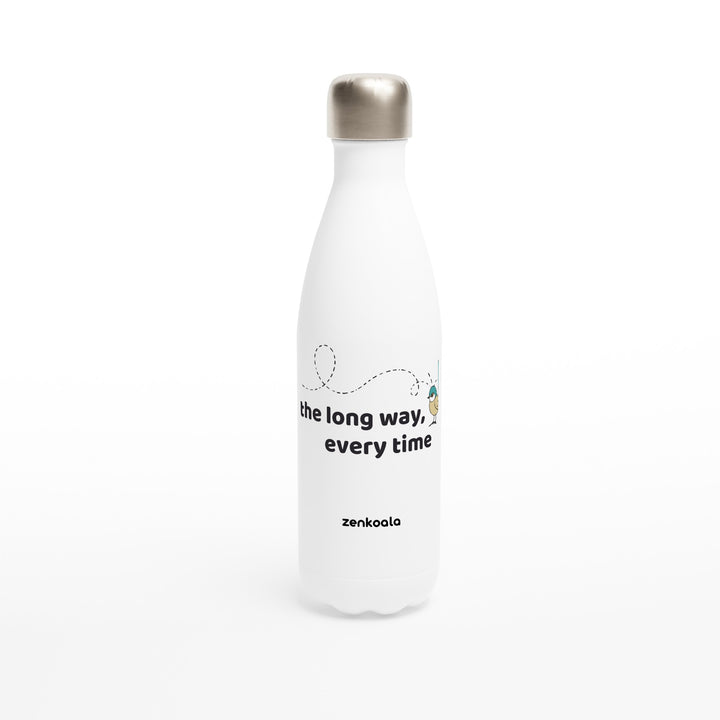 The Long Way Every Time feel-good water bottle: a fairy-wren on a looping flight path, Zen Koala Australia