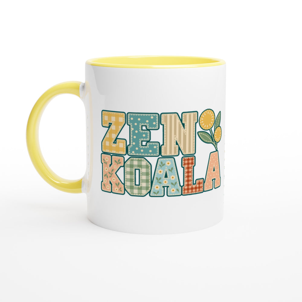 Zen Koala Faux Patchwork mug in yellow: white with a yellow rim, inside and handle, Zen Koala Australia