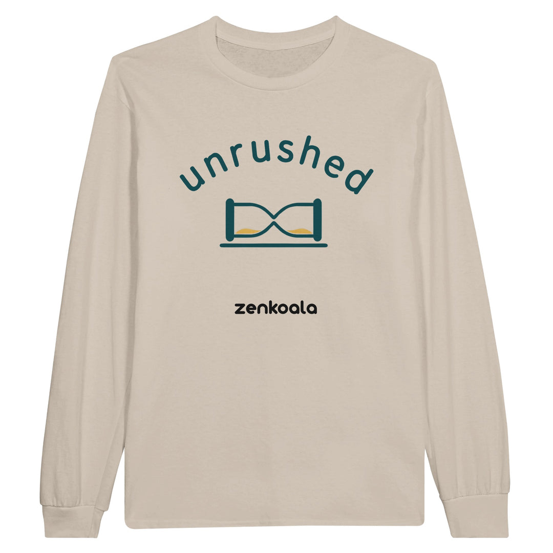 Unrushed long sleeve tee in sand — a minimalist hourglass tipped on its side, Zen Koala Australia