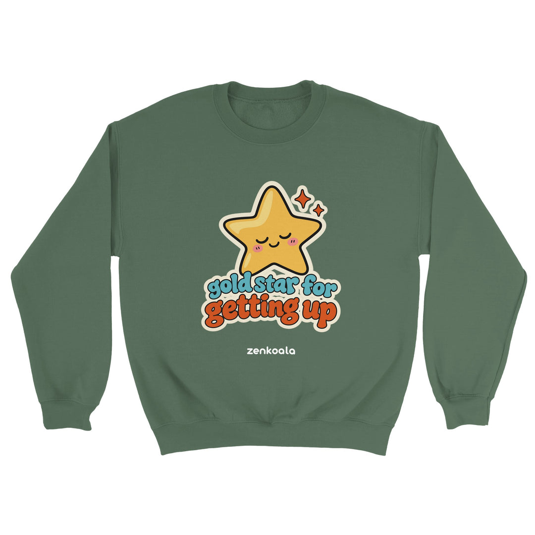 Gold Star for Getting Up feel-good sweatshirt in military green, Zen Koala Australia