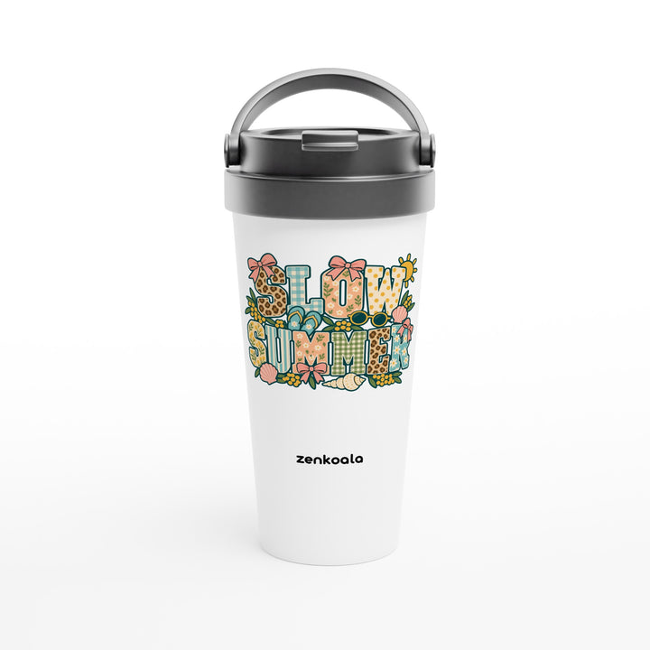 Slow Summer feel-good travel mug: faux patchwork summer letters, Zen Koala Australia