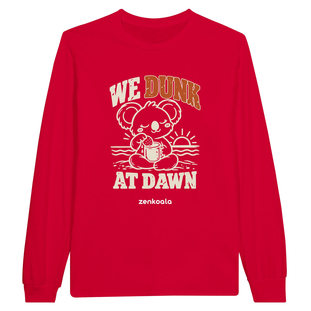 We Dunk at Dawn feel-good long sleeve tee in red: a koala dunking a biscuit, Zen Koala Australia