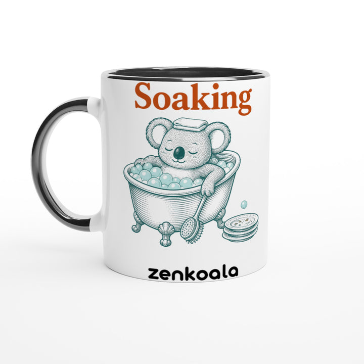 Soaking Koala Bath mug in black: white with a black rim, inside and handle, Zen Koala Australia