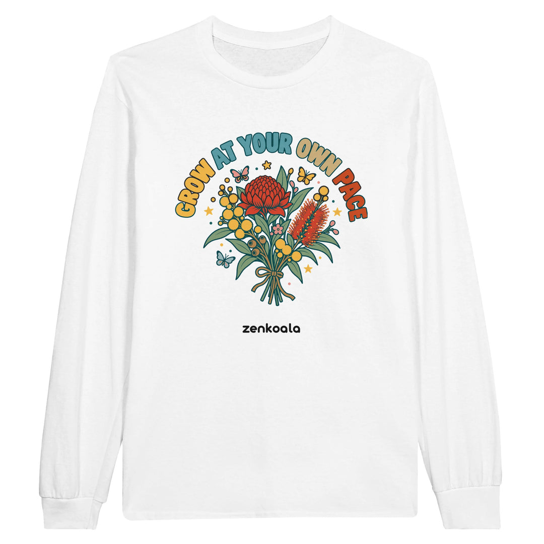 Grow at Your Own Pace feel-good long sleeve tee in white: a bouquet of Aussie wildflowers, Zen Koala Australia