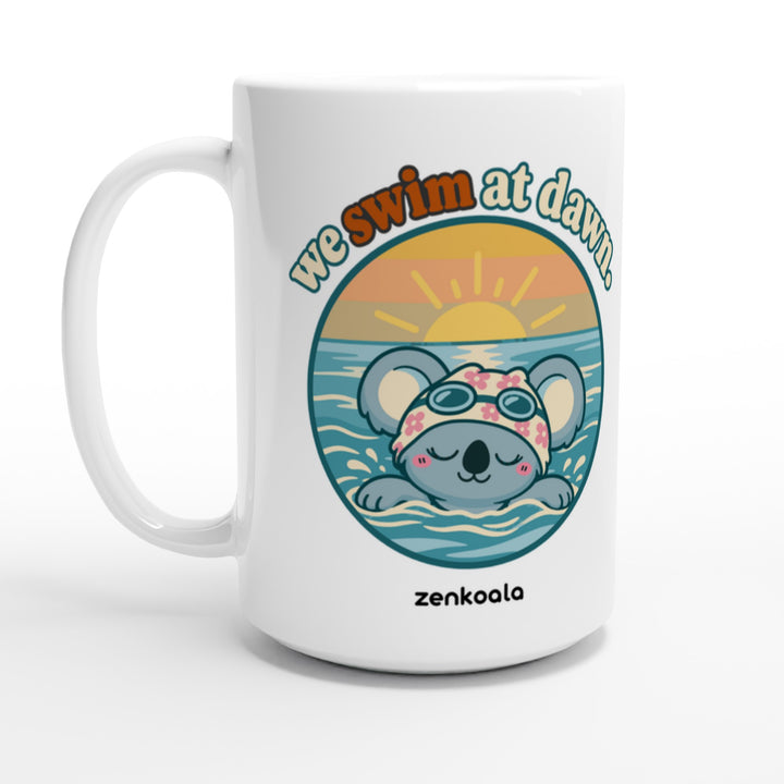 We Swim at Dawn feel-good 15oz mug: a koala swimming at sunrise, Zen Koala Australia