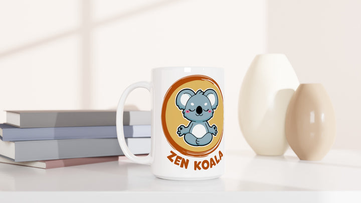 Zen Koala 15oz mug beside books and vases, Zen Koala Australia