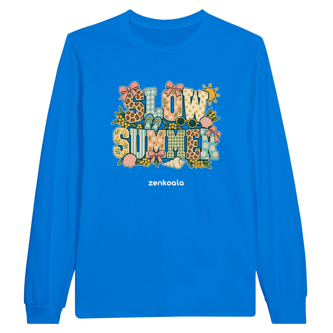 Slow Summer feel-good long sleeve tee in royal: faux patchwork summer letters, Zen Koala Australia