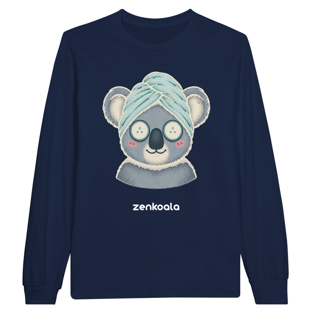 Koala Spa Day long sleeve tee in navy — a koala in a towel turban with cucumber eyes, Zen Koala Australia