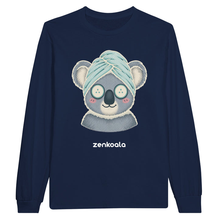 Koala Spa Day long sleeve tee in navy — a koala in a towel turban with cucumber eyes, Zen Koala Australia