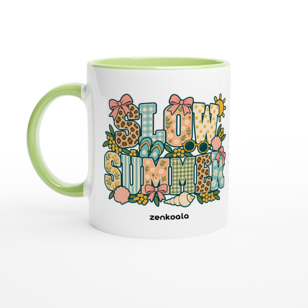 Slow Summer mug in green: white with a green rim, inside and handle, Zen Koala Australia