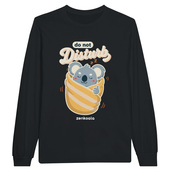 Do Not Disturb Koala feel-good long sleeve tee in black: a koala wrapped up in a cosy blanket, Zen Koala Australia