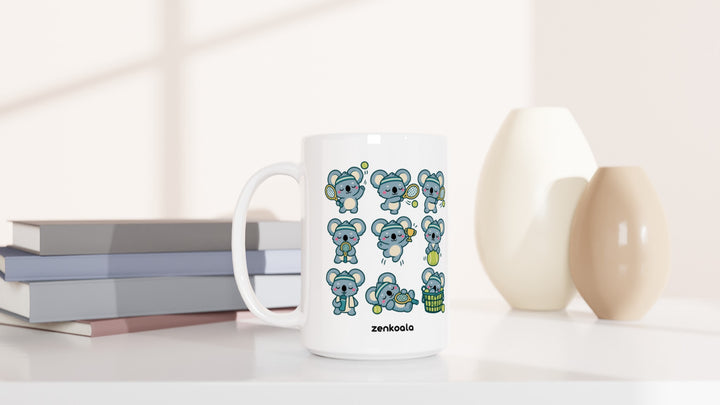 Tennis Koalas 15oz mug beside books and vases, Zen Koala Australia