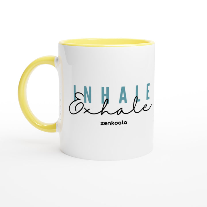 Exhale mug in yellow: white with a yellow rim, inside and handle, Zen Koala Australia