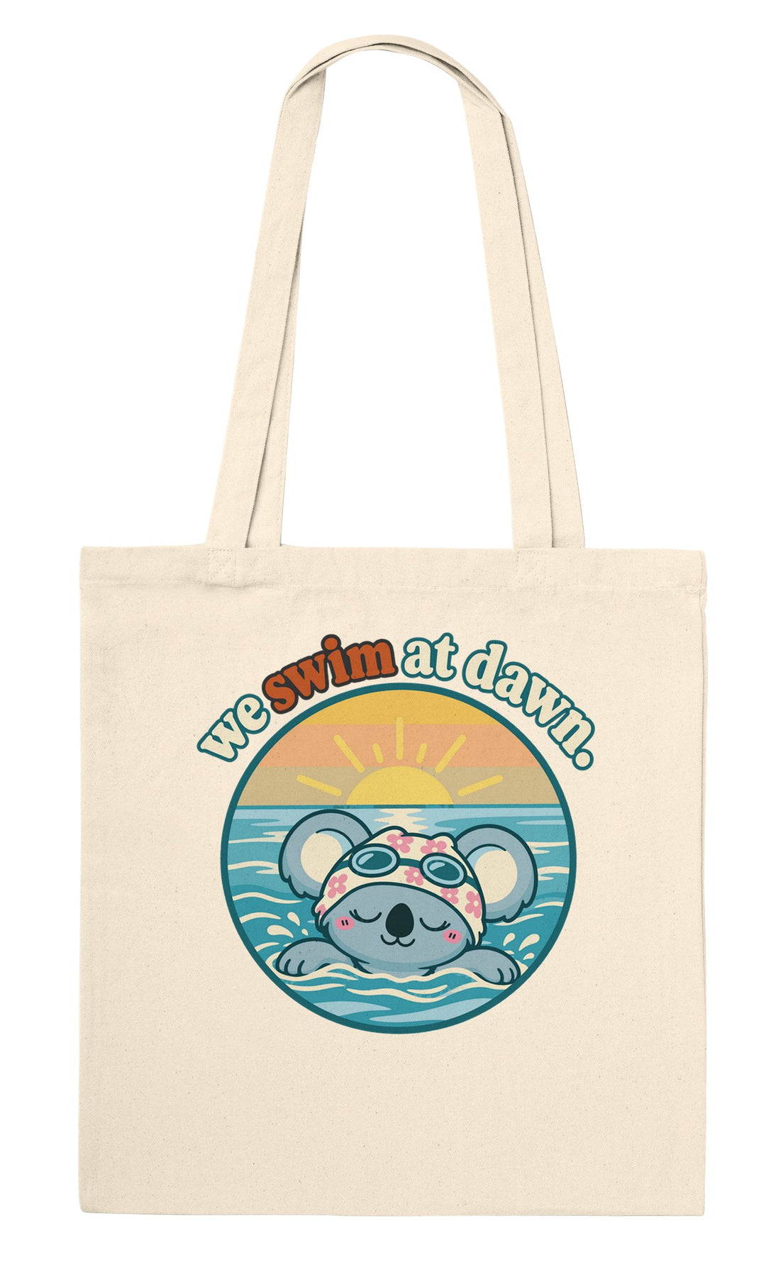 We Swim at Dawn feel-good tote bag in natural, Zen Koala Australia