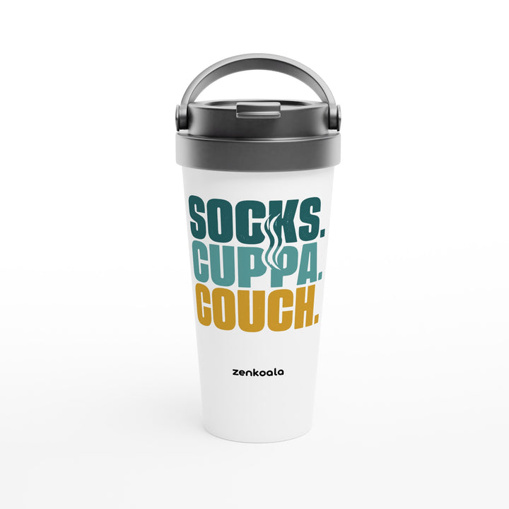 Socks Cuppa Couch feel-good travel mug: three words for the perfect evening in, Zen Koala Australia