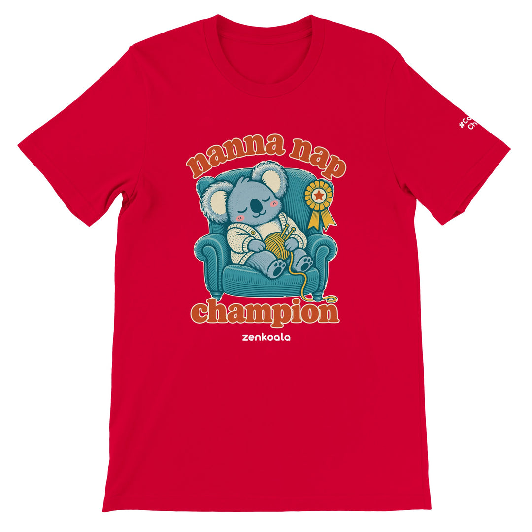 Nanna Nap Champion feel-good tee in red: a koala asleep in an armchair with knitting and a prize ribbon, Zen Koala Australia
