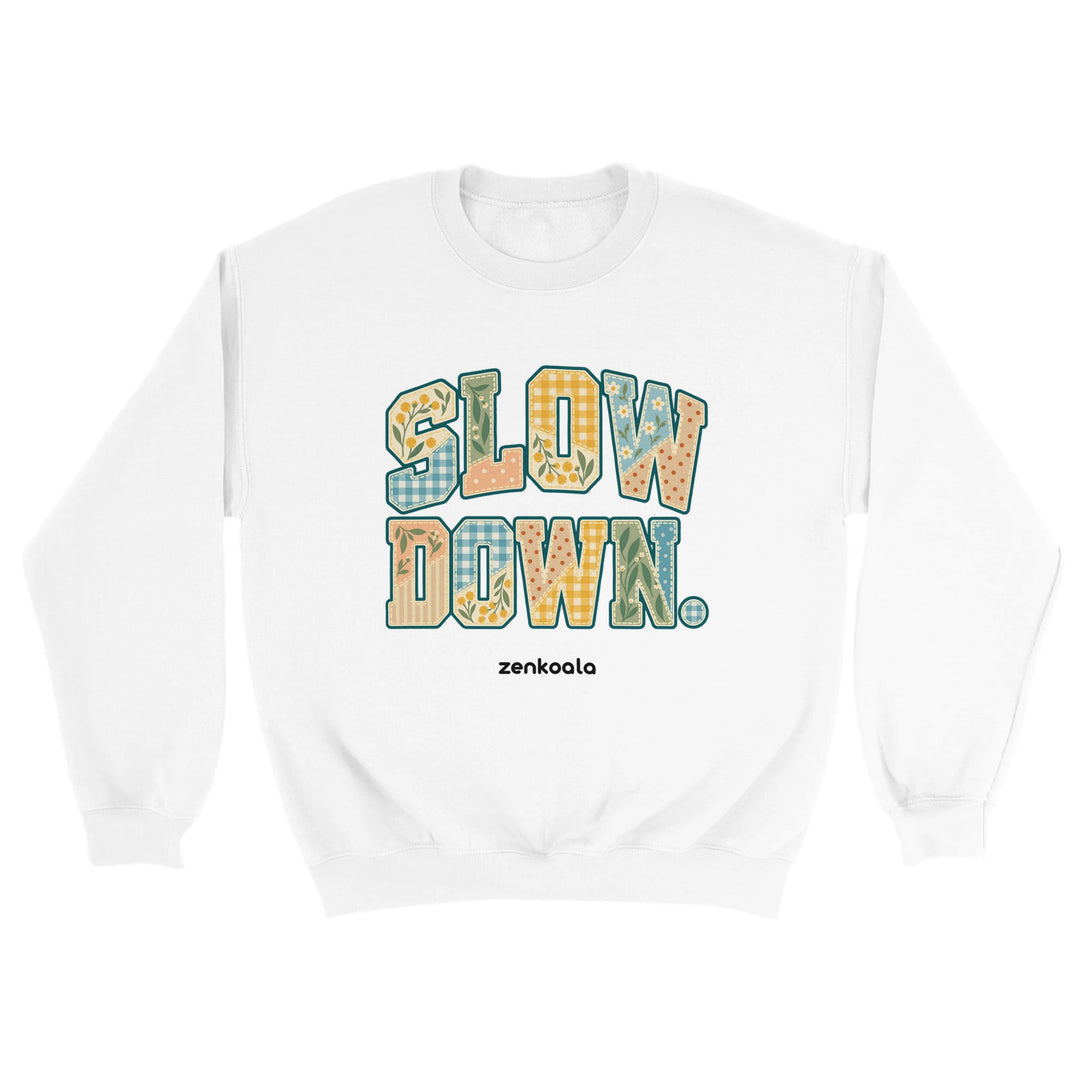 Slow Down Faux Patchwork feel-good sweatshirt in white, Zen Koala Australia
