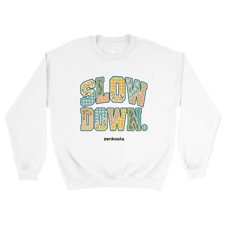 Slow Down Faux Patchwork feel-good sweatshirt in white, Zen Koala Australia
