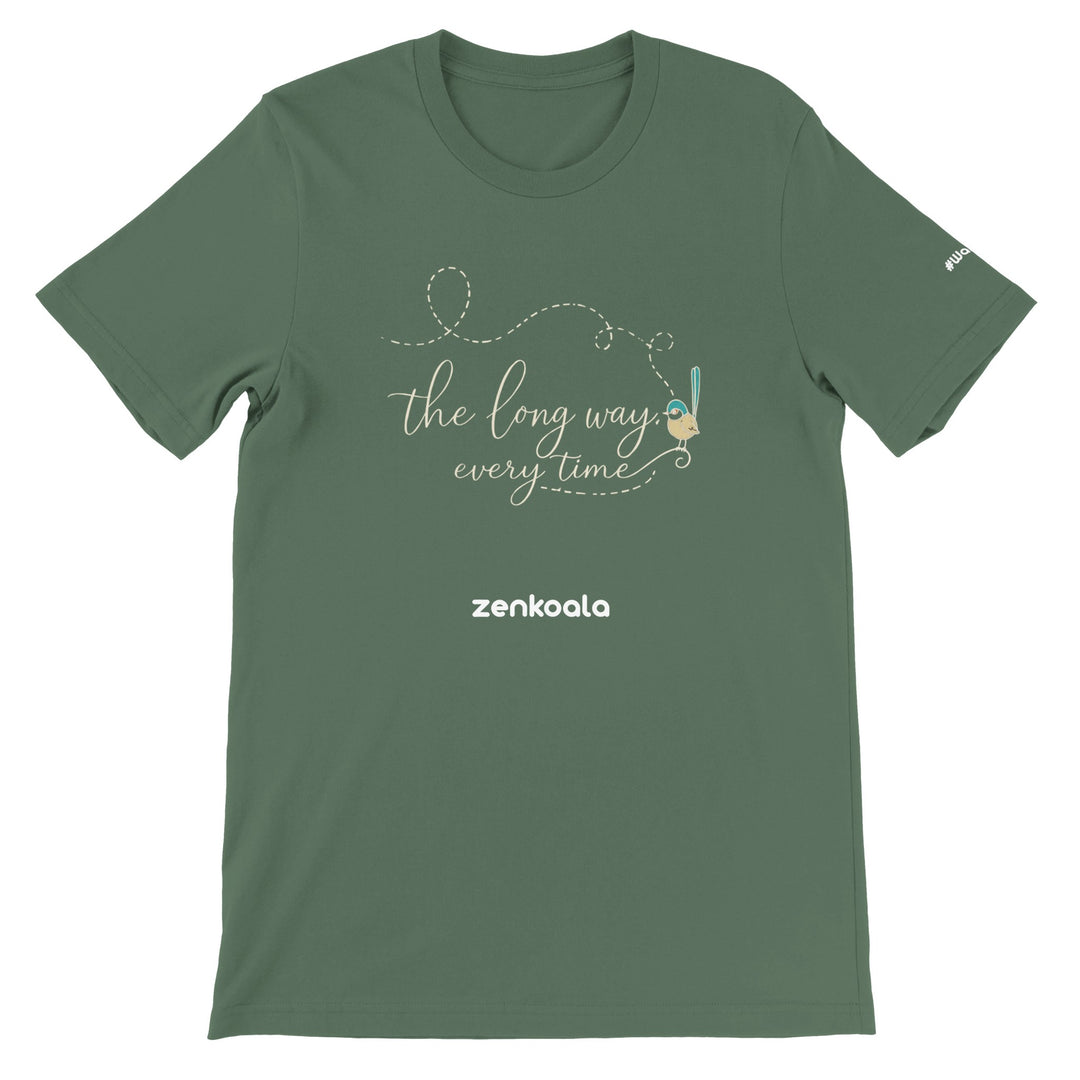 The Long Way Every Time feel-good tee in military green — Zen Koala Australia
