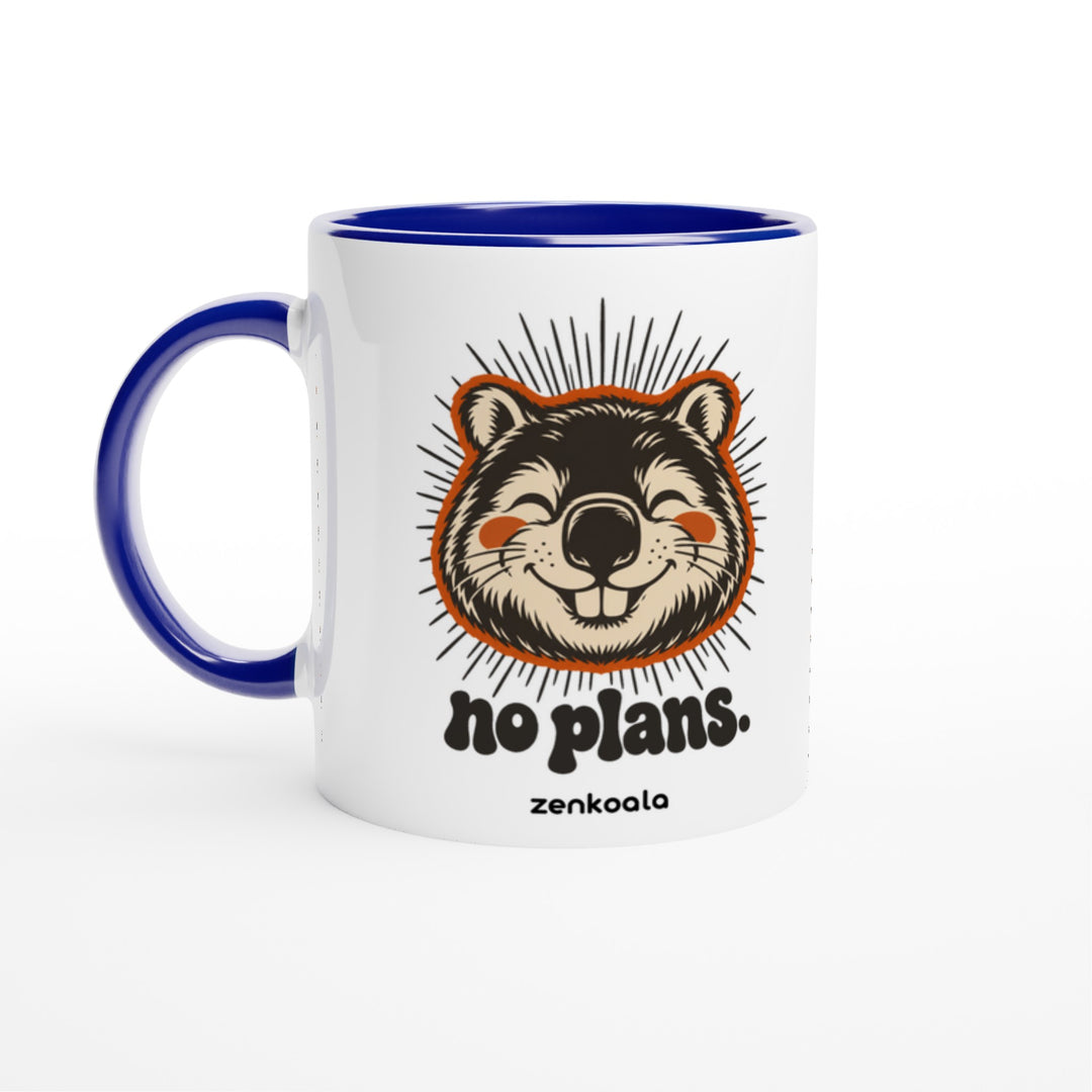No Plans mug in blue: white with a blue rim, inside and handle, Zen Koala Australia