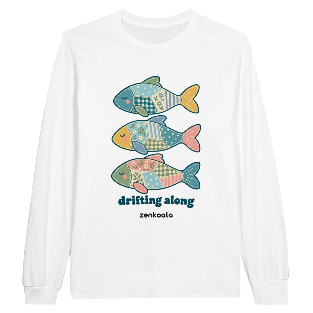 Drifting Along Fish feel-good long sleeve tee in white: three faux patchwork fish drifting in a line, Zen Koala Australia