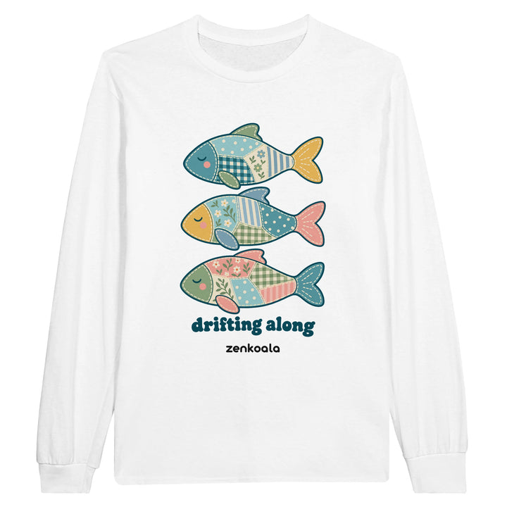 Drifting Along Fish feel-good long sleeve tee in white: three faux patchwork fish drifting in a line, Zen Koala Australia