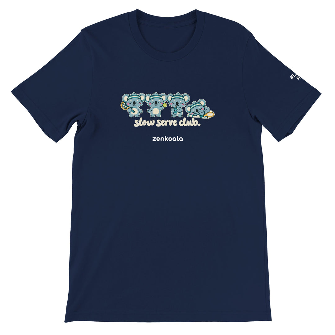 Slow Serve Club feel-good tee in navy, Zen Koala Australia