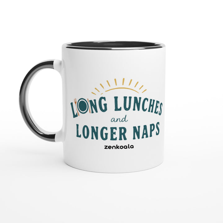 Long Lunches and Longer Naps mug in black: white with a black rim, inside and handle, Zen Koala Australia