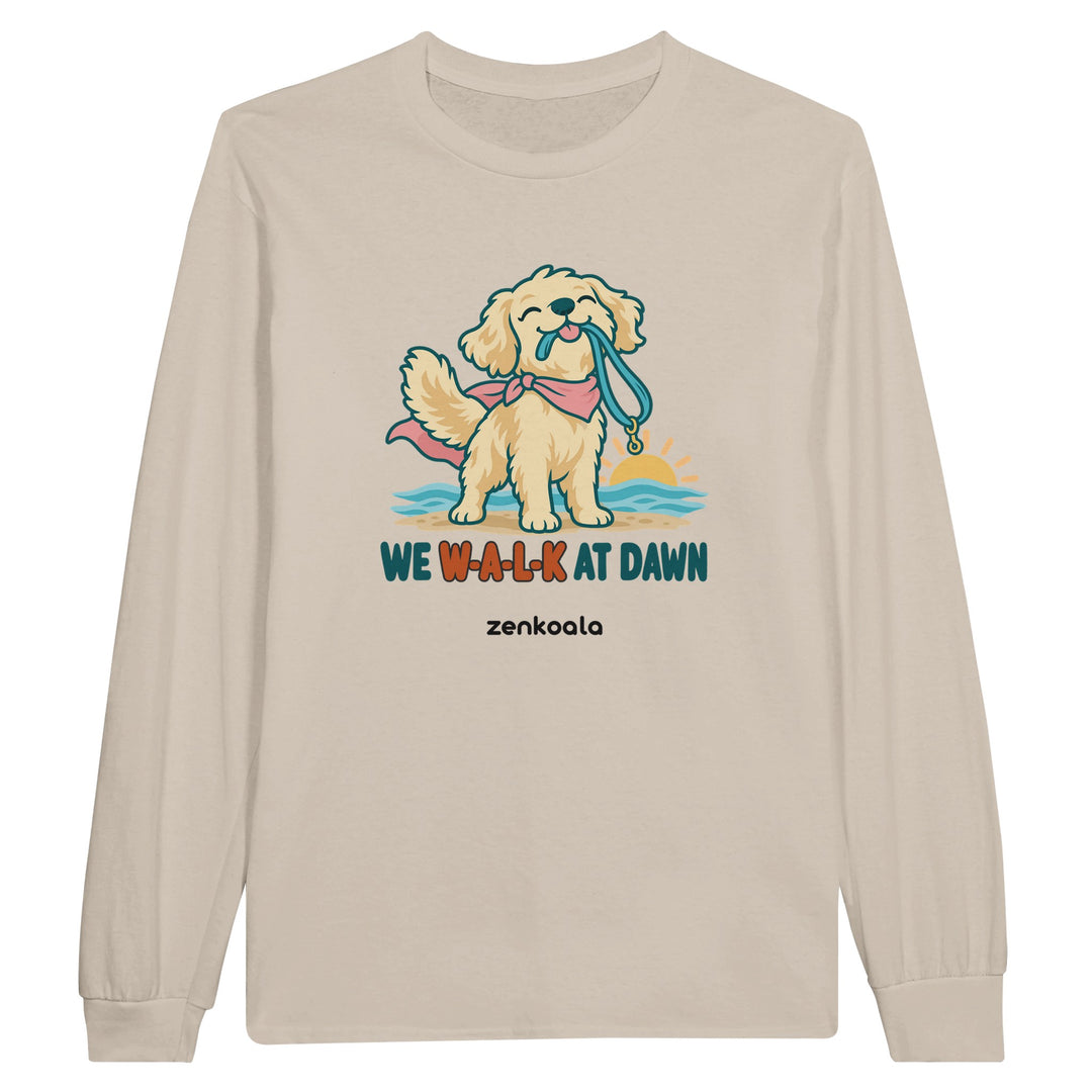 We Walk at Dawn feel-good long sleeve tee in sand: a golden retriever with its lead, Zen Koala Australia