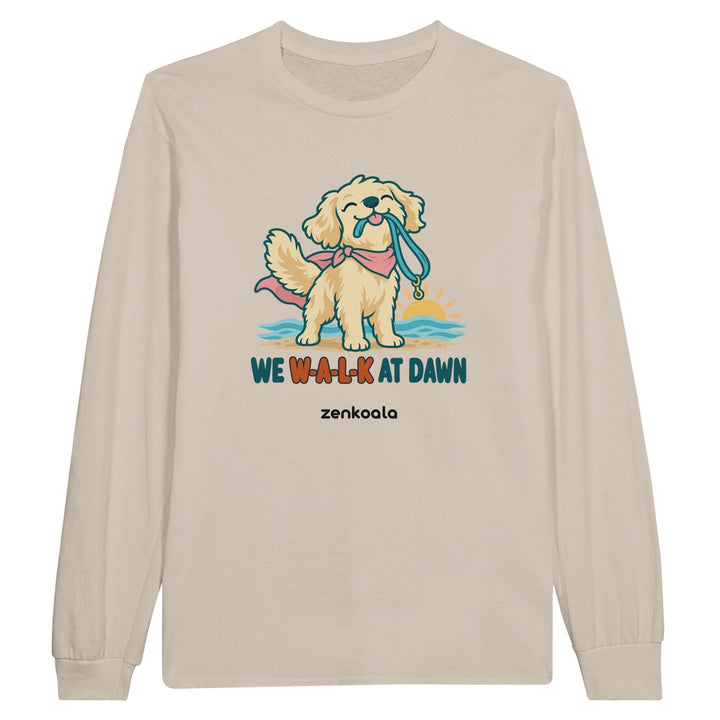 We Walk at Dawn feel-good long sleeve tee in sand: a golden retriever with its lead, Zen Koala Australia