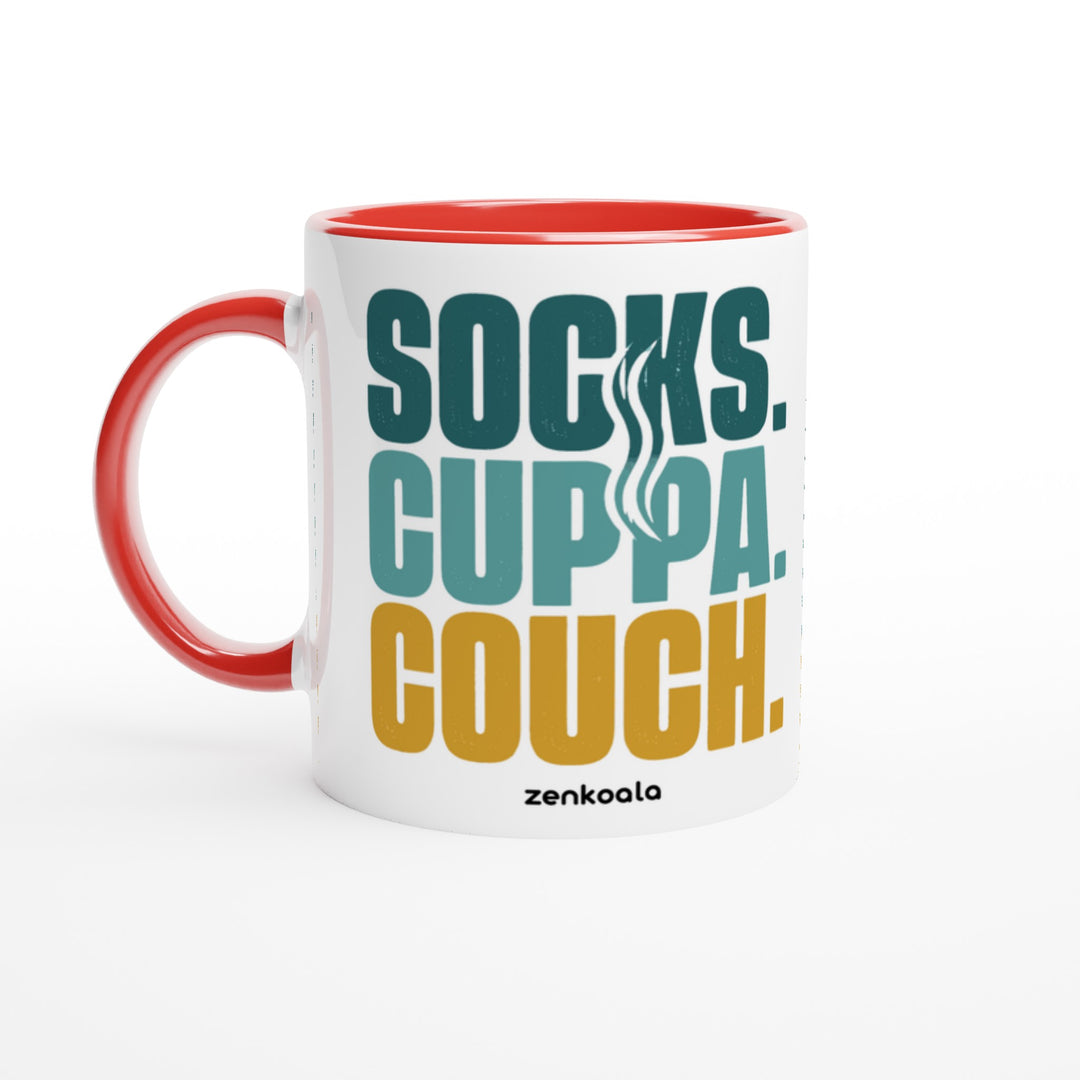 Socks Cuppa Couch mug in red: white with a red rim, inside and handle, Zen Koala Australia