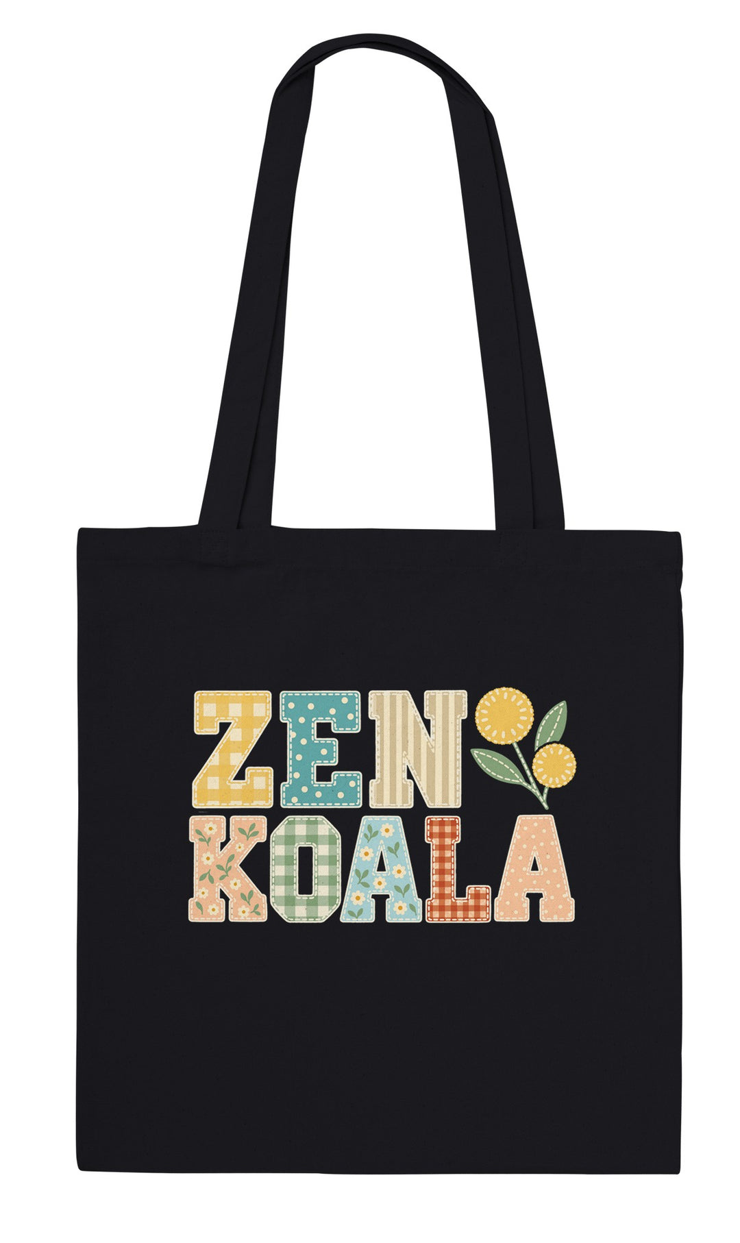 Zen Koala Faux Patchwork feel-good tote bag in black: the brand name in faux patchwork letters, Zen Koala Australia