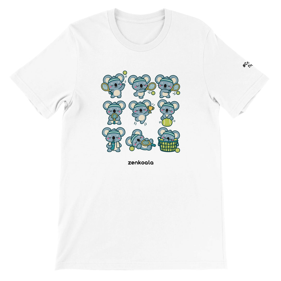 Tennis Koalas feel-good tee in white, Zen Koala Australia