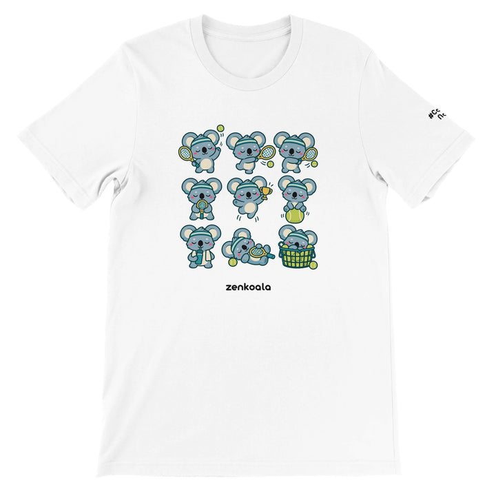 Tennis Koalas feel-good tee in white, Zen Koala Australia