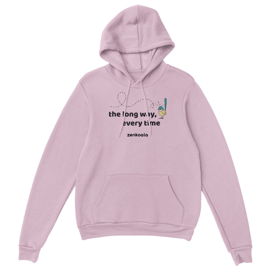 The Long Way Every Time feel-good hoodie in light pink: a fairy-wren on a looping flight path, Zen Koala Australia