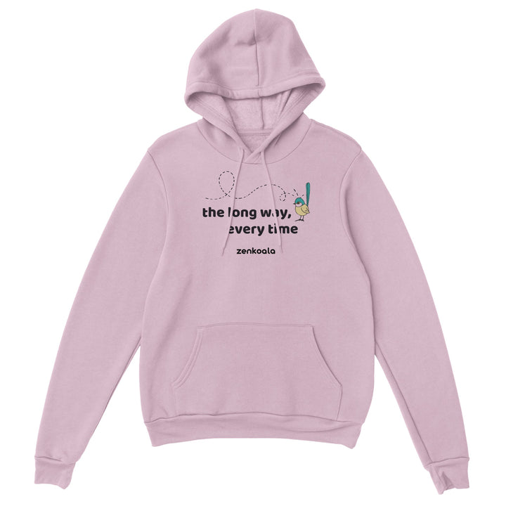 The Long Way Every Time feel-good hoodie in light pink: a fairy-wren on a looping flight path, Zen Koala Australia